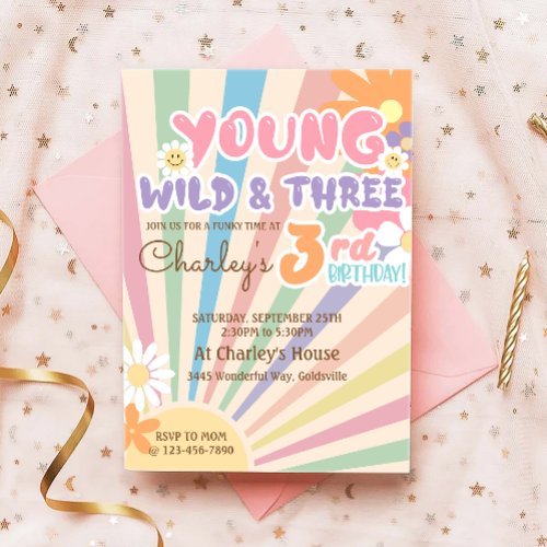 Young Wild Three Groovy Sunshine Boho 3rd Birthday Invitation
