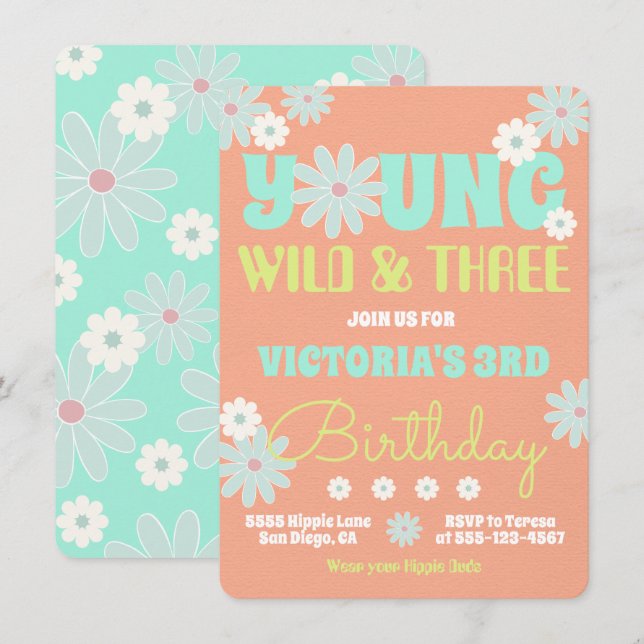 Young Wild & Three Hippie Birthday Party Invitatio Invitation (Front/Back)