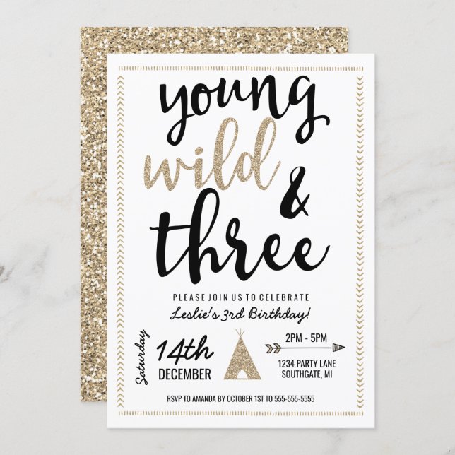 Young Wild & Three Invitation - Black & Gold (Front/Back)