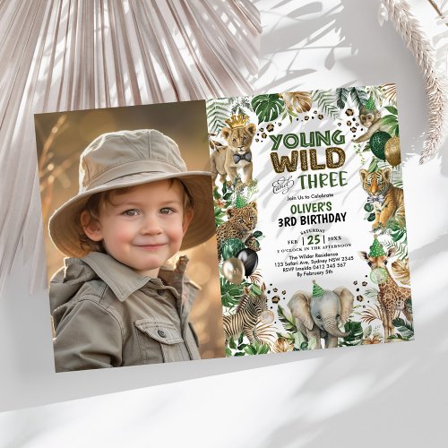Young Wild  Three Jungle Animals Birthday Photo Invitation