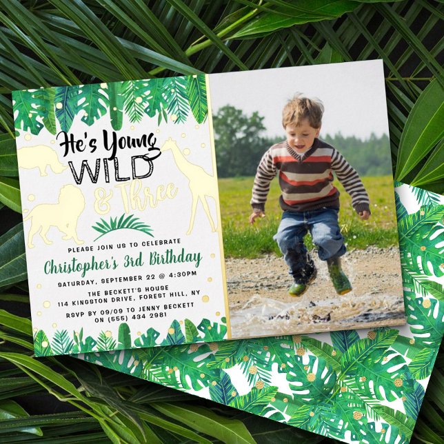 Young Wild & Three Jungle Boys 3rd Birthday Photo Foil Invitation (Creator Uploaded)