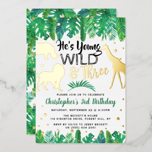 Young Wild  Three Jungle Boys 3rd Birthday Real Foil Invitation