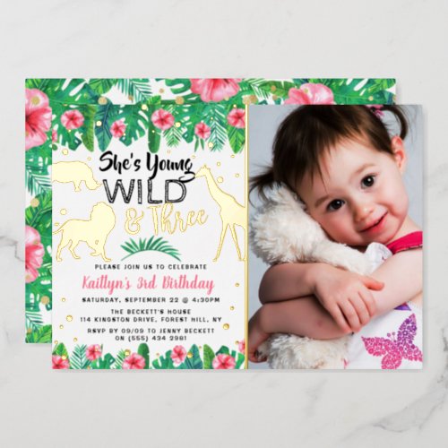 Young Wild  Three Jungle Girls 3rd Birthday Photo Foil Invitation