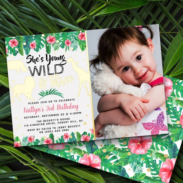 Young Wild & Three Jungle Girls 3rd Birthday Photo Foil Invitation (Creator Uploaded)