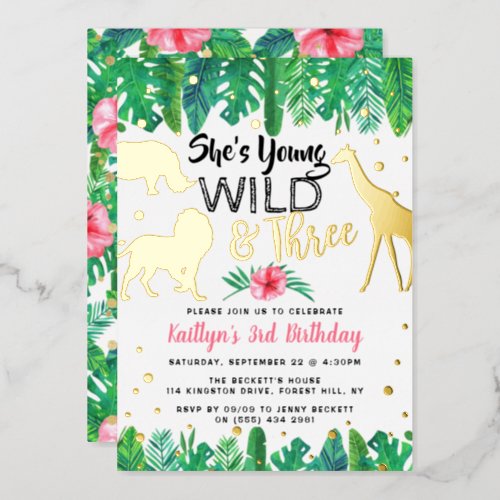 Young Wild  Three Jungle Girls 3rd Birthday Real Foil Invitation
