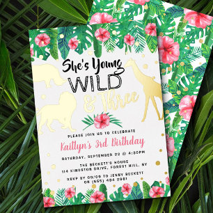 Young Wild & Three Jungle Girls 3rd Birthday Real Foil Invitation