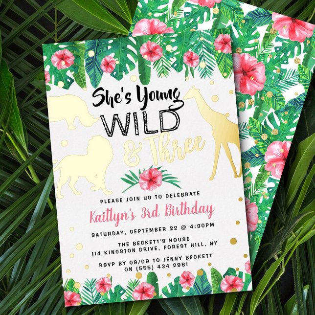 Young Wild & Three Jungle Girls 3rd Birthday Real Foil Invitation (Creator Uploaded)