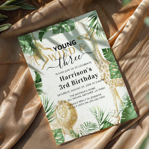 Young, Wild & Three Jungle Greenery Birthday Party Invitation
