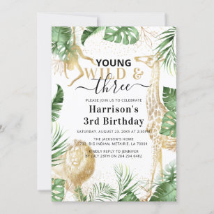 Young, Wild & Three Jungle Greenery Birthday Party Invitation