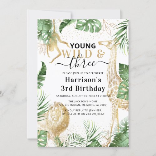 Young Wild  Three Jungle Greenery Birthday Party Invitation