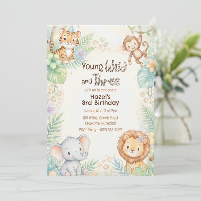 Young Wild & Three Jungle Safari Animals Birthday  Invitation (Standing Front)