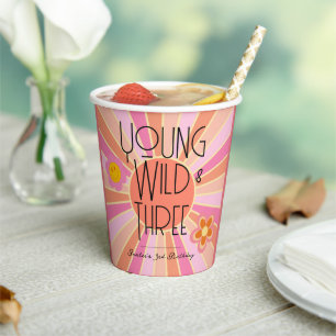 Young, Wild & Three Kid Birthday Cups Pink