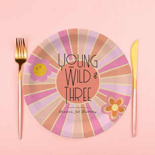 Young, Wild & Three   Kid Birthday Plates   Pink
