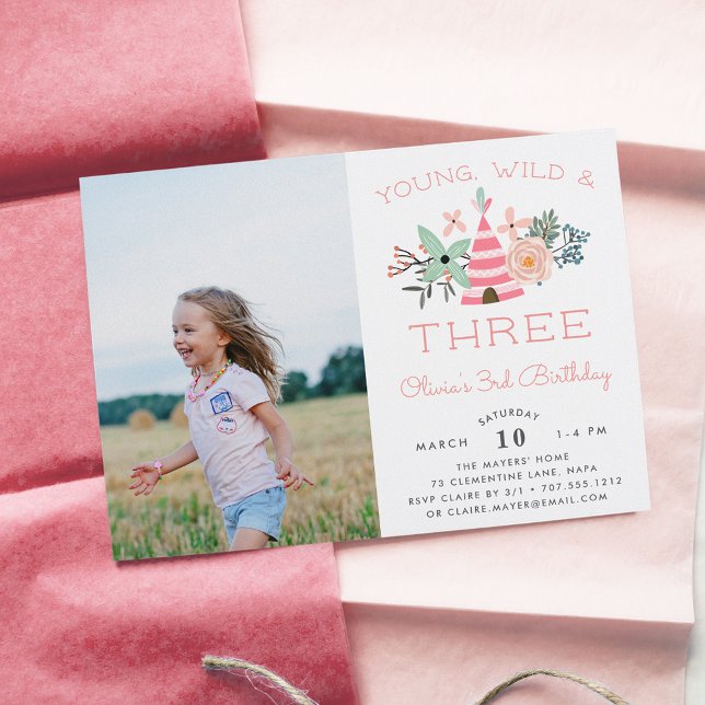 Young Wild & Three Kids Third Birthday Party Photo Invitation (Creator Uploaded)