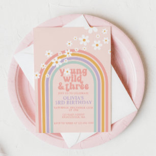 Young Wild Three Pastel rainbow 3rd birthday Invitation