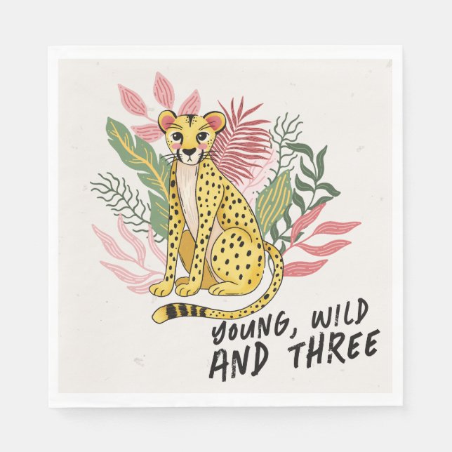 Young Wild Three Pink Cheetah Kids Birthday Party Napkins (Front)