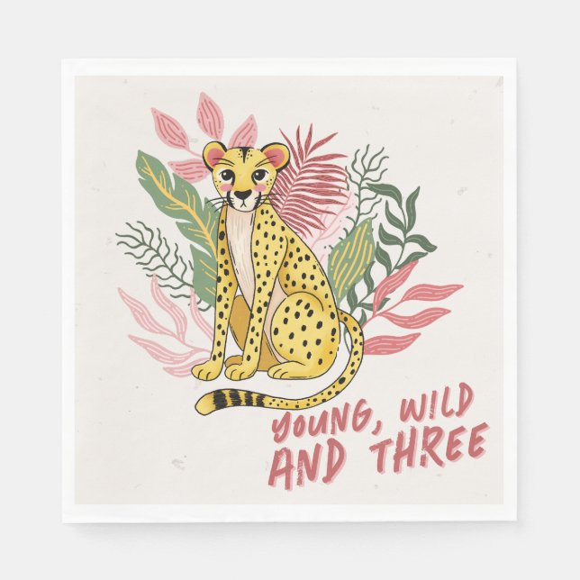 Young Wild Three Pink Cheetah Kids Birthday Party Napkins (Front)