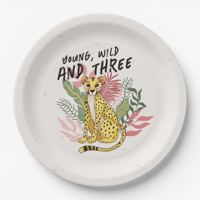 Young Wild Three Pink Cheetah Kids Birthday Party Paper Plates (Front)
