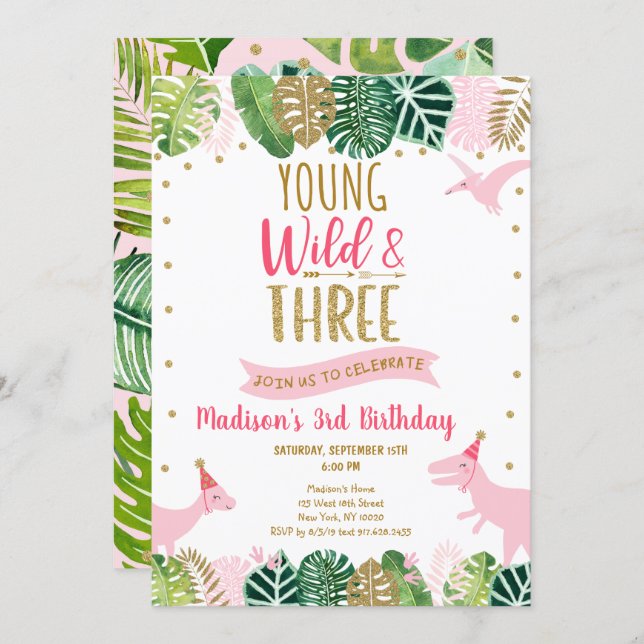 Young Wild & Three Pink Dinosaur Birthday Invitation (Front/Back)
