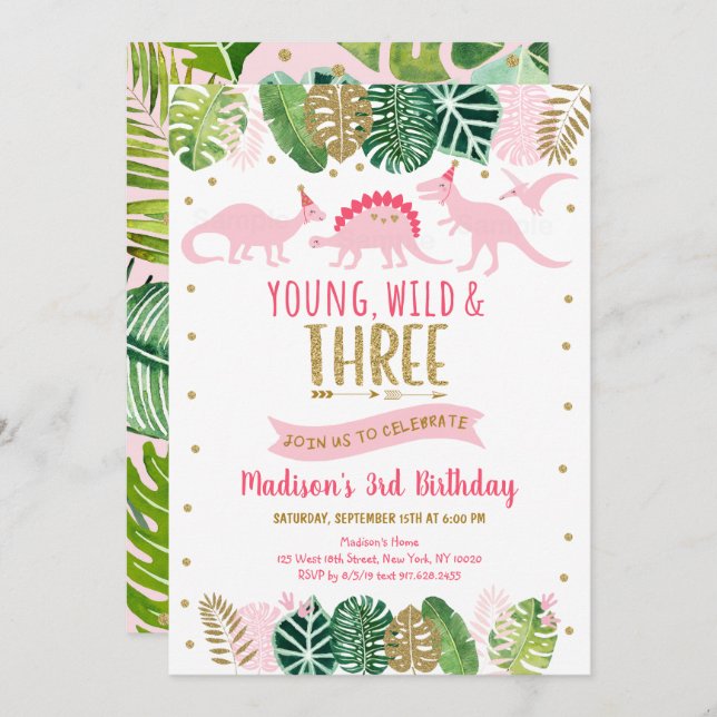 Young Wild & Three Pink Dinosaur Birthday Invitation (Front/Back)