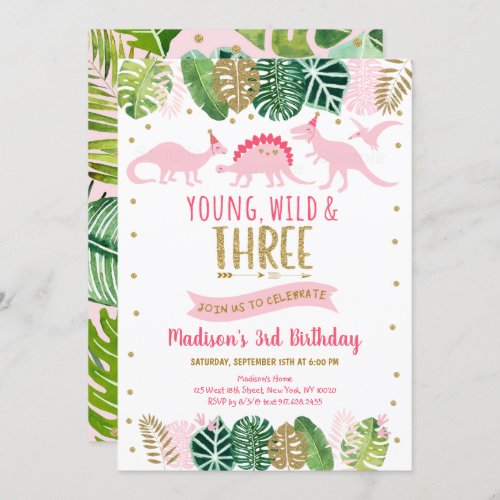 Young Wild  Three Pink Dinosaur Birthday Invitation