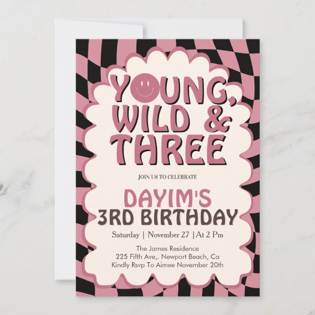 Young Wild & Three Pink Retro Girl 3rd Birthday Invitation (Front)