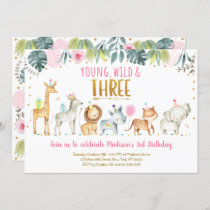 Young Wild & Three Pink Safari Birthday Invitation