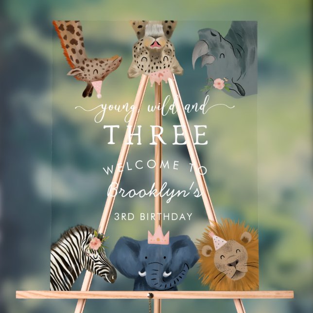 Young Wild Three Pink Safari Birthday Welcome Acrylic Sign (Neutral)