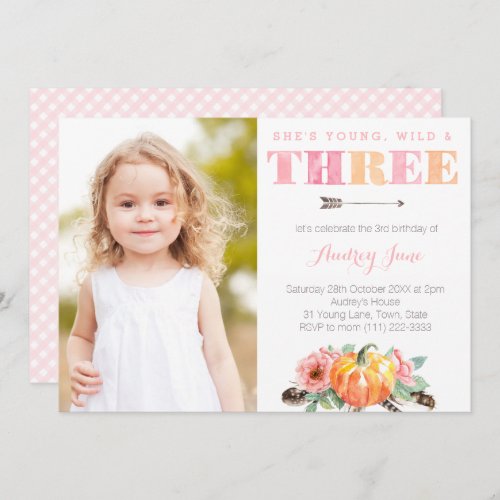 Young Wild  Three Pumpkin Girl 3rd Birthday Party Invitation