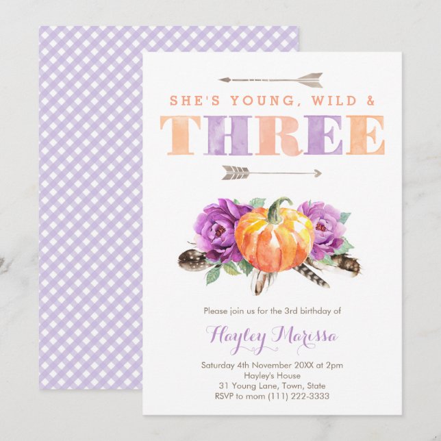 Young Wild Three Purple Pumpkin 3rd Birthday Party Invitation (Front/Back)