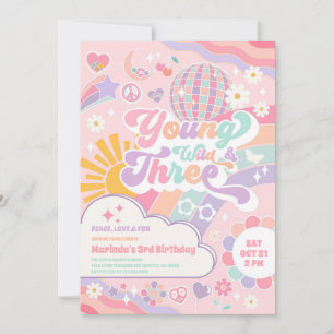 Young Wild & Three Rainbow Disco Sun 3rd Birthday  Invitation
