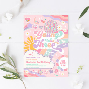 Young Wild & Three Rainbow Disco Sun 3rd Birthday  Invitation