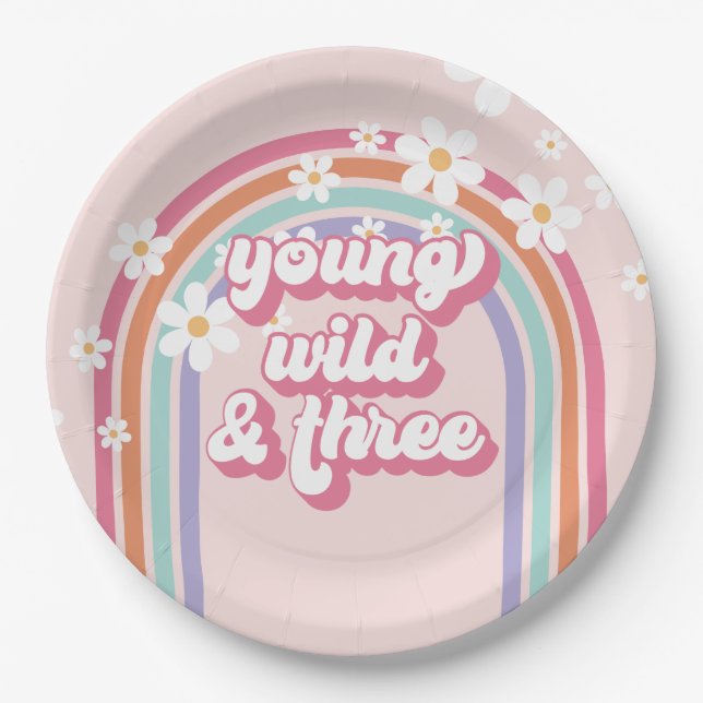 Young Wild Three Rainbow Pink 3rd Birthday Paper Plates (Front)