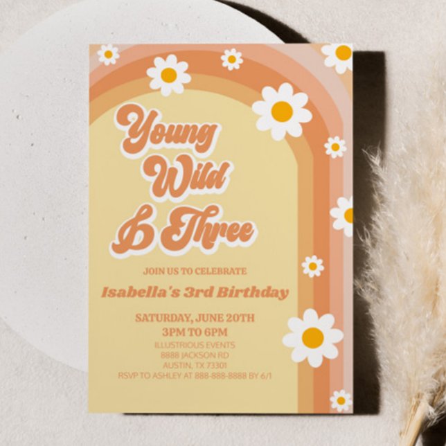 Young Wild & Three Retro Daisy 3rd Birthday Party Invitation (Creator Uploaded)