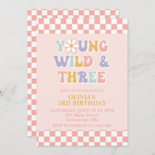 Young Wild Three Retro Daisy Checker 3rd Birthday Invitation