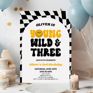 Young Wild & Three Retro First 3rd Birthday Party Invitation