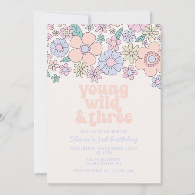Young Wild Three Retro Floral 3rd birthday Invitation (Front)