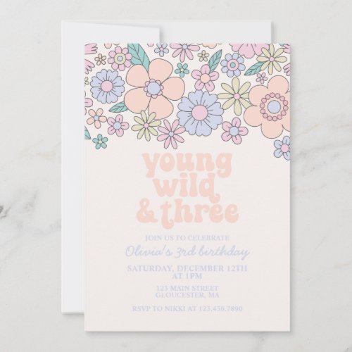 Young Wild Three Retro Floral 3rd birthday Invitation