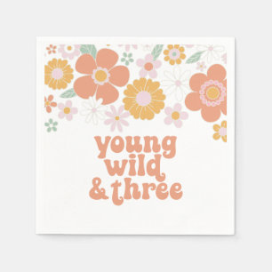 Young Wild Three Retro Floral birthday Napkins
