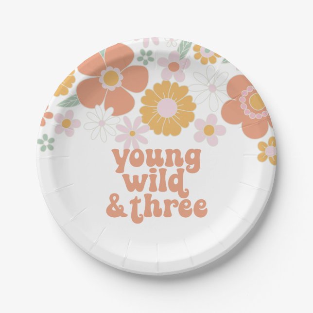 Young Wild Three Retro Floral birthday Paper Plates (Front)