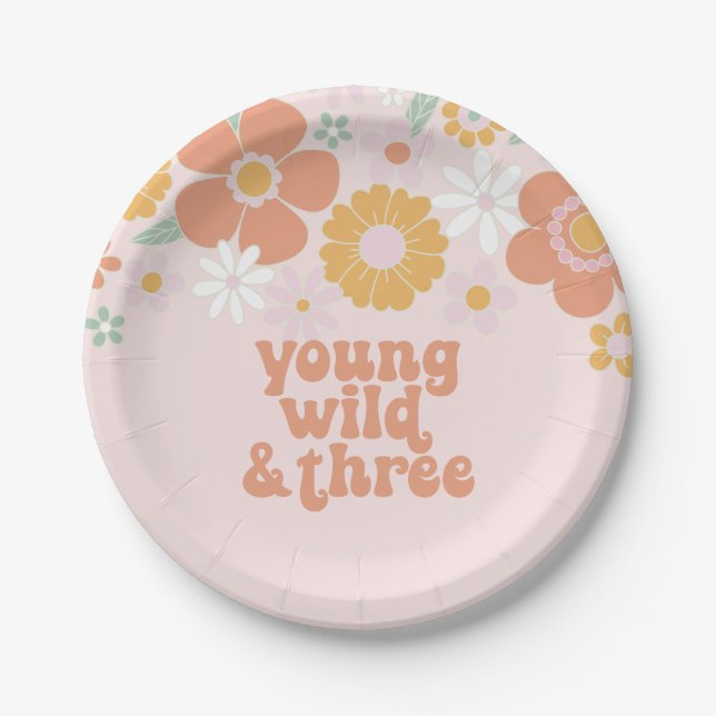 Young Wild Three Retro Floral birthday Paper Plates (Front)