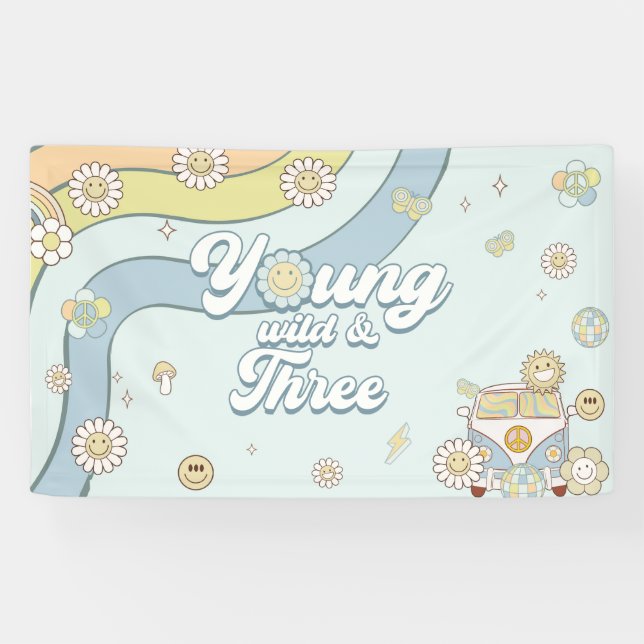 Young Wild Three Retro Rainbow 3rd Birthday Banner (Horizontal)