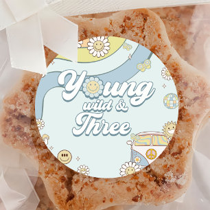 Young Wild Three Retro Rainbow 3rd Birthday Classic Round Sticker