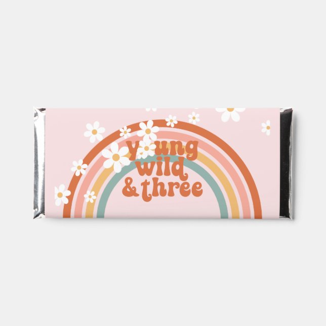 Young Wild Three retro rainbow 3rd birthday Hershey Bar Favors (Front)