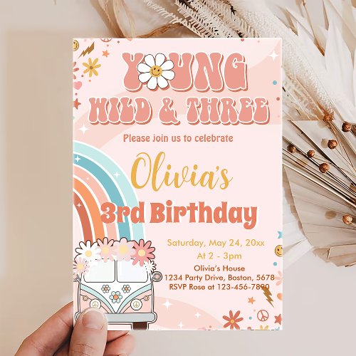 Young Wild Three Retro Rainbow 3rd Birthday  Invitation