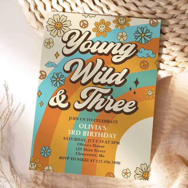 Young Wild Three Retro Rainbow 3rd Birthday Invitation (Creator Uploaded)
