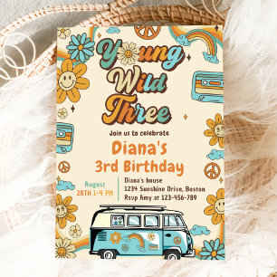 Young Wild Three Retro Rainbow 3rd Birthday Invitation