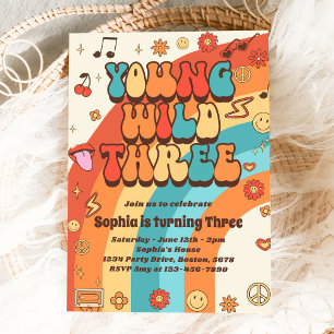 Young Wild Three Retro Rainbow 3rd Birthday Invitation