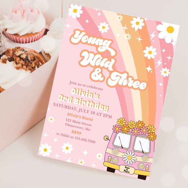 Young Wild Three Retro Rainbow 3rd Birthday Invitation (Creator Uploaded)
