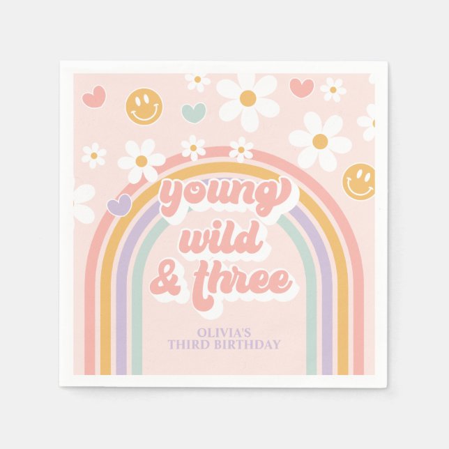 Young Wild Three Retro rainbow 3rd Birthday Napkins (Front)